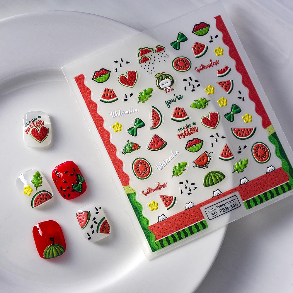 Summer refreshing fruits Watermelon 5D Nail Sticker Girls Adhesive Tattoo Nails Decoration relief