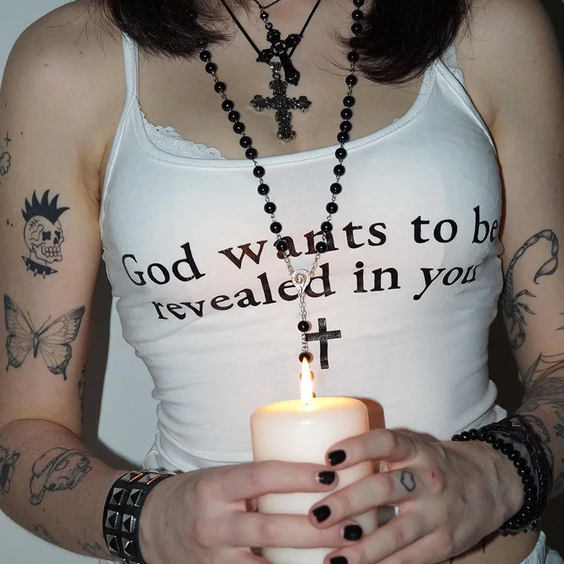 God Wants To Be Revealed In You Print Sexy Sleeveless Backless Crop Top Camisole