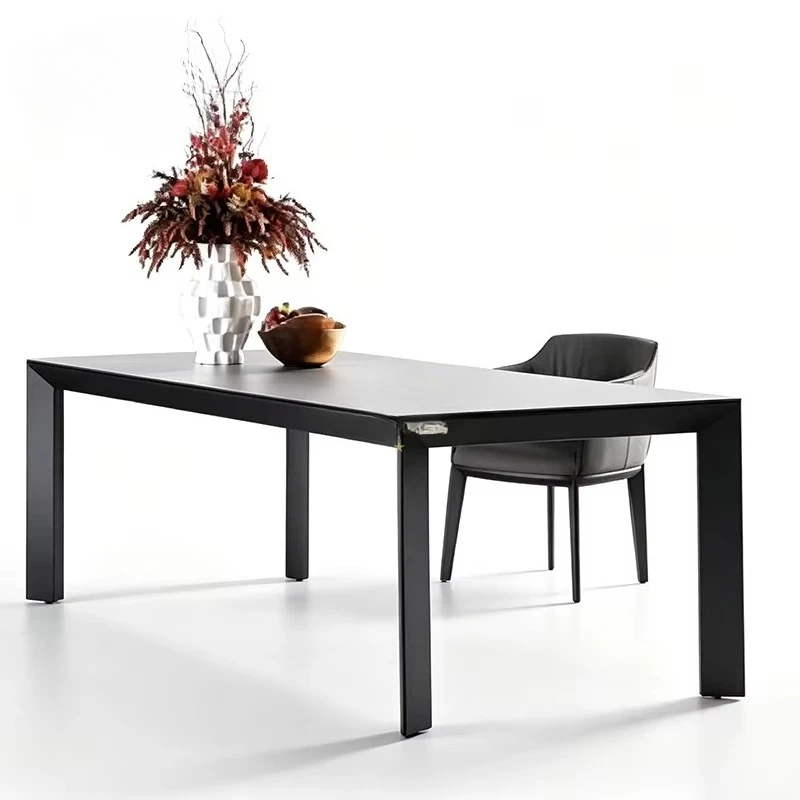 Light Gray Marble Top Rectangular Dining Table Black Matte Metal Frame Legs Home Kitchen Restaurant Furniture 6 8 Seater