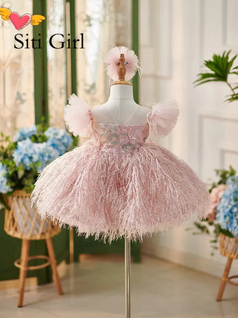 Feather luxurious Girl Party Dresses Elegant Puffy Girl Princess Dress Children Layer Lush Birthday Wedding Evening Dress 1y-14y