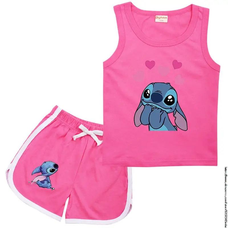 Disney Stitch Sport Kleding Pak Kinderen Fashion Leisure Mouwloze Meisjes Vest + T-shirt 2 Stuks Sets Kids Lente Zomer Dragen