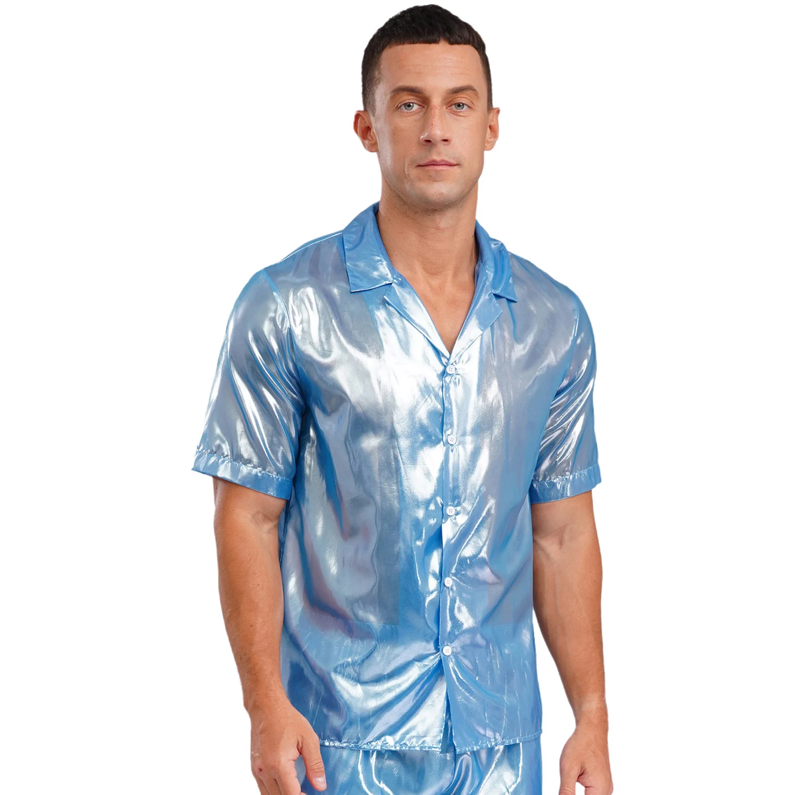 Camicie da uomo Camicette Rave Top a maniche corte lucido Camicia da clubwear per feste Camicie abbottonate con scapole d'acqua Costume da discoteca da spiaggia