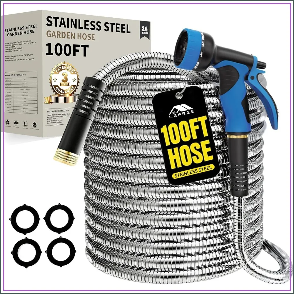 

100ft Metal Garden Hose - Heavy Duty 304 Stainless Steel, No Kinks & Leak-Proof with Upgraded Handle, 10-Function Nozzle & 4 Gaskets for Yard, RV, Pet Bath