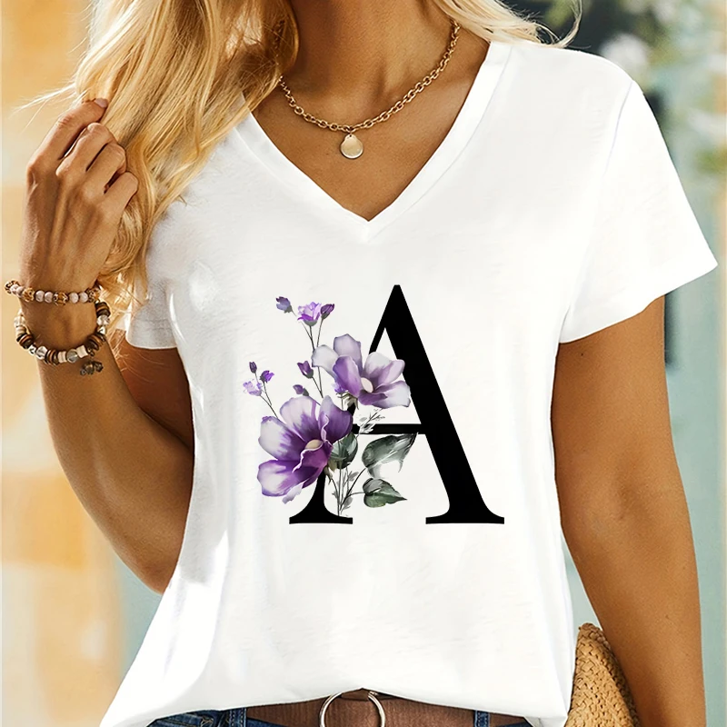 Women's Clothing A-Z 26 Alphabet Flower Premium Summer T-shirt 26 Initials Floral Essential Tshirt Vintage Flower Gift T-shirts