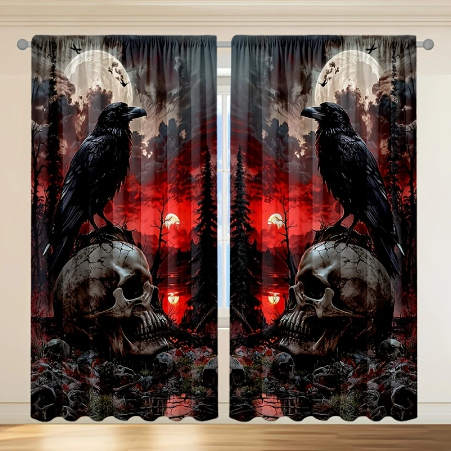 2PCS Digital Printed Curtains, Magic Spell Book Cauldron Pattern, Wizard Style Rod Pocket Drapes for Bedroom Living Room Decor