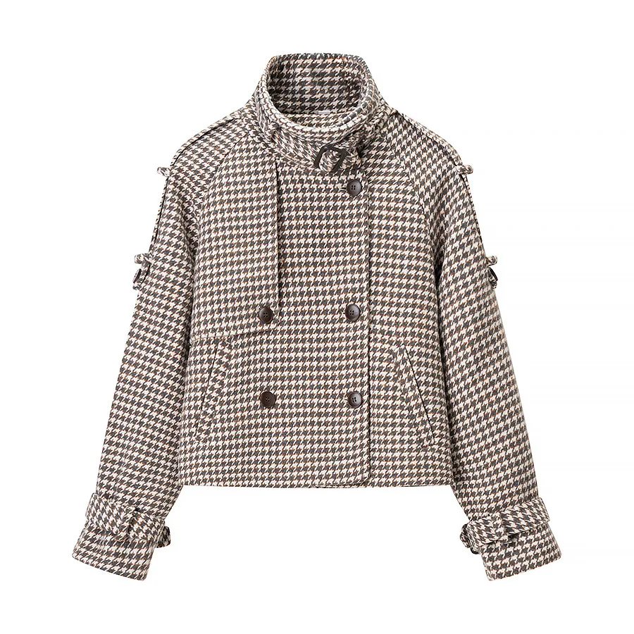 

Woman's Loose Textured Check Jacket Stand Collar Long Sleeve Double Breasted Pocket Cropped Coat Commuting Autumn Chic Overcoat