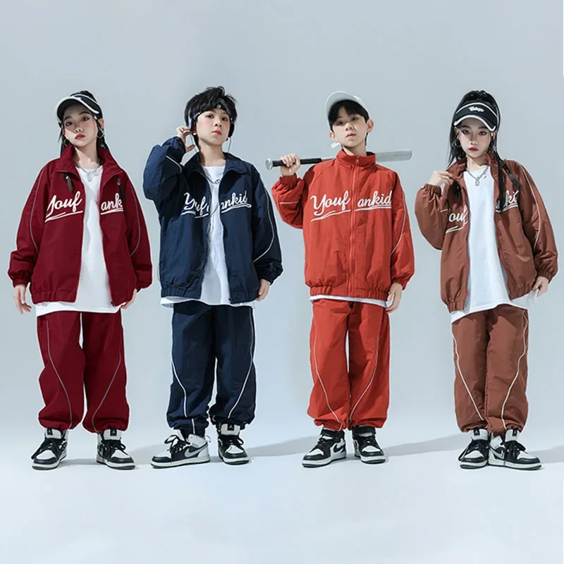 Vêtements Hip Hop pour enfants, veste coupe-vent à fermeture éclair rouge vin, haut décontracté, pantalon de jogging large pour filles et garçons, Costume de danse Jazz, ensemble de vêtements