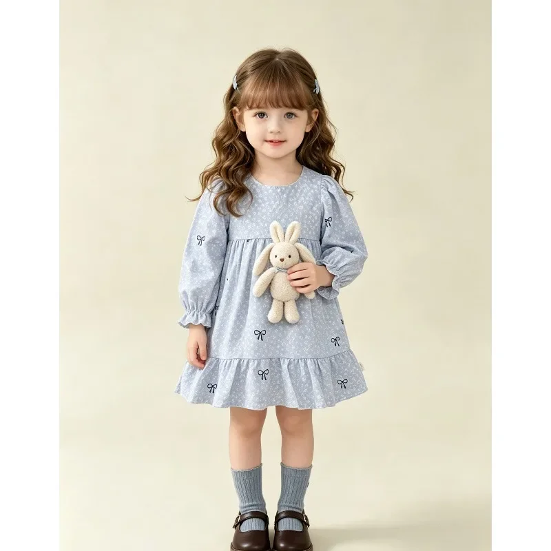 Kinder Mädchenkleid RAISE Herbst Schleife Blumendruck Kinder Mädchen Prinzessinnenkleid Rundhals 2-8 Jahre Mädchen Langarmkleid Haarband – Detail 11