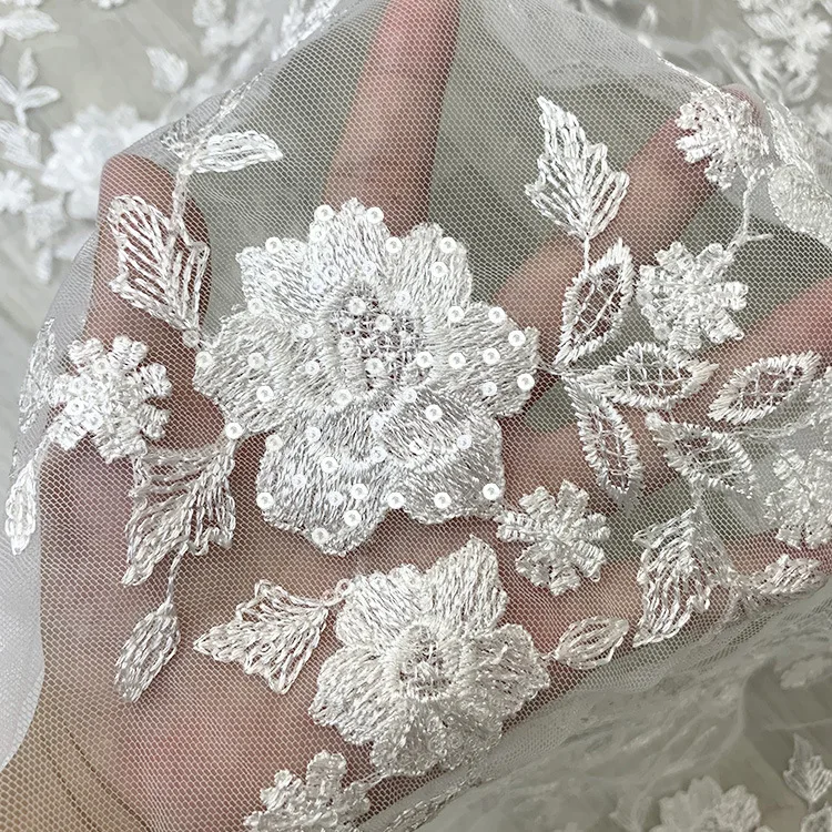 Off white Exquiiste Sequins French Tulle Embroidery Lace Fabric For Wedding Bridal Gown Dress By The Yard