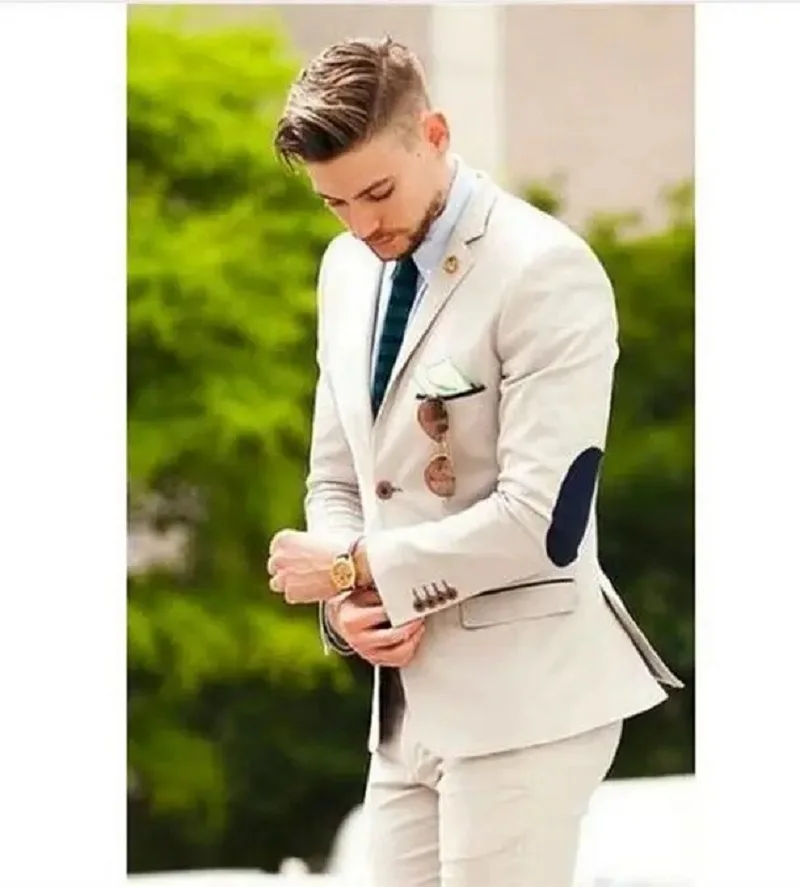 

Beige Suits Wedding Suits For Men Elbow Patches Business Casual Groom Wear Tuxedo Slim Fit Male Blazers (Jacket Pants)