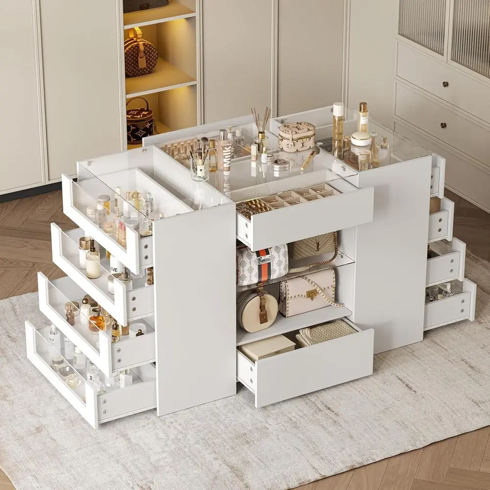 Bedroom Island with Drawers, Wardrobe Armoire, Glass Shelving Display, and Walk-in Closet Solutions