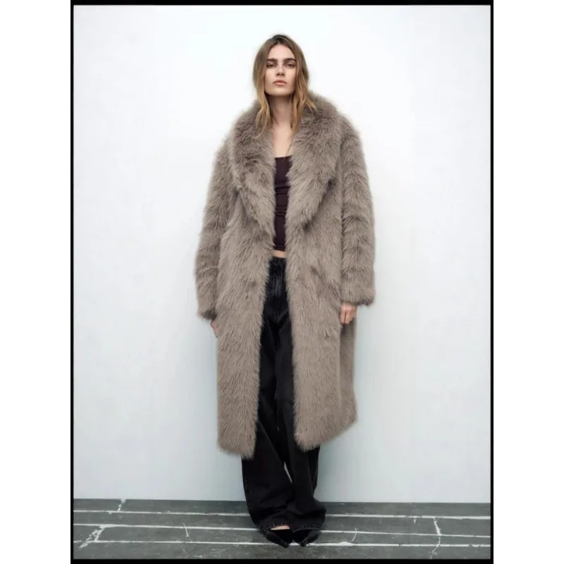 Luxury High Quality Vintage Long Faux Fur Coat Winter Women's Clothing Warm Fur Jackets Fluffy High Street Outerwear Dark Brown