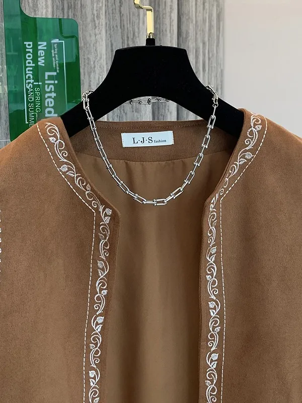 n Heavy Brodery Jaet Ropa de mujer de gran tamaño Sin botón redondo Ne Top Chaleco casual en capas Verano