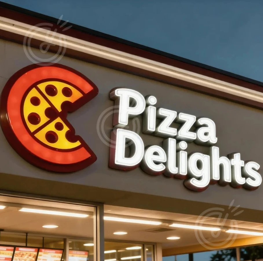 

Дизайн световой вывески на заказ, бизнес-светодиодная подсветка, приподнятое золото, матовое серебро, нержавеющая сталь, 3D-вывеска, письмо, магазин пиццы, реклама