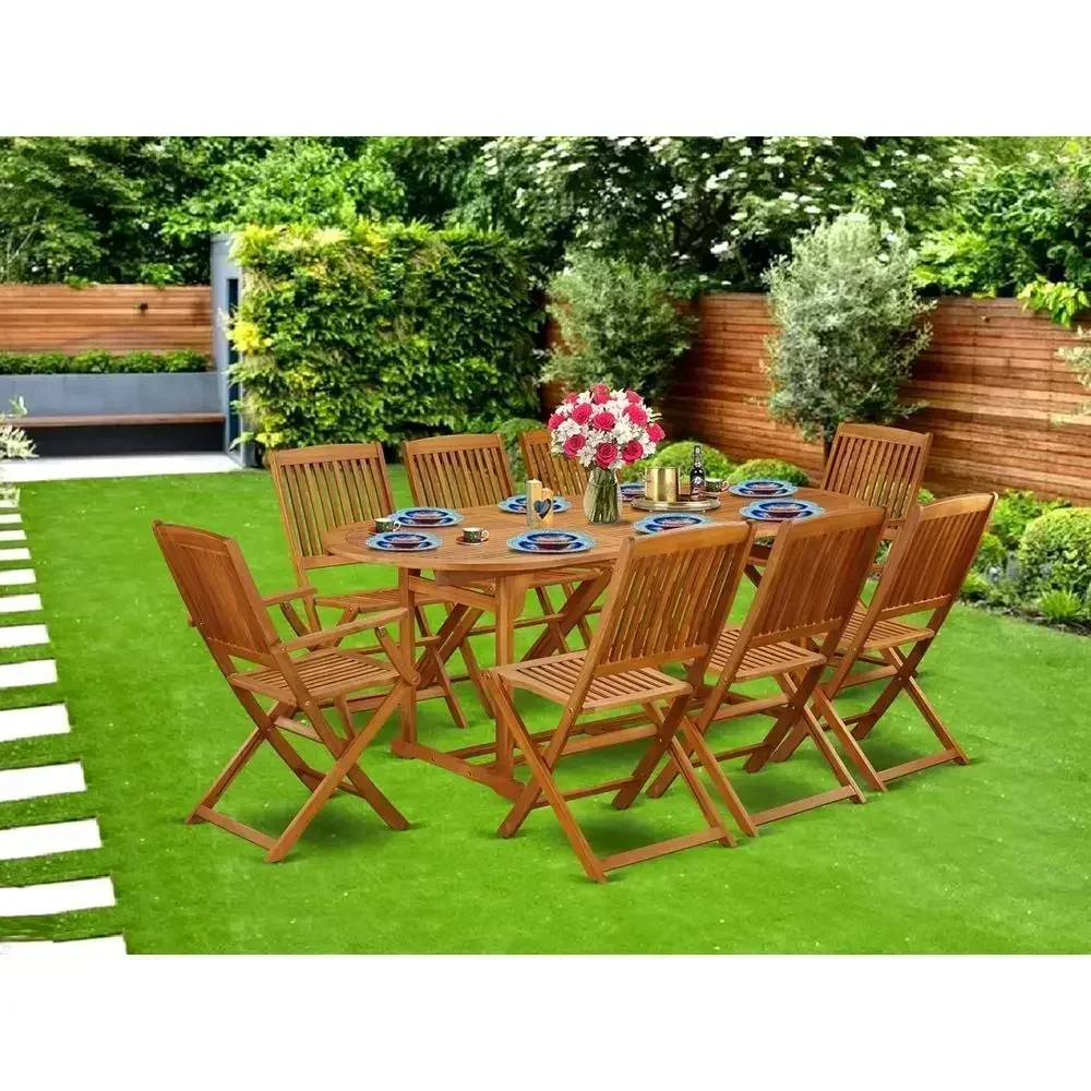 9-Piece Patio Dining Set: Acacia Wood Table with 2 Armchairs & 6 Side Chairs, 36x78, Natural Finish