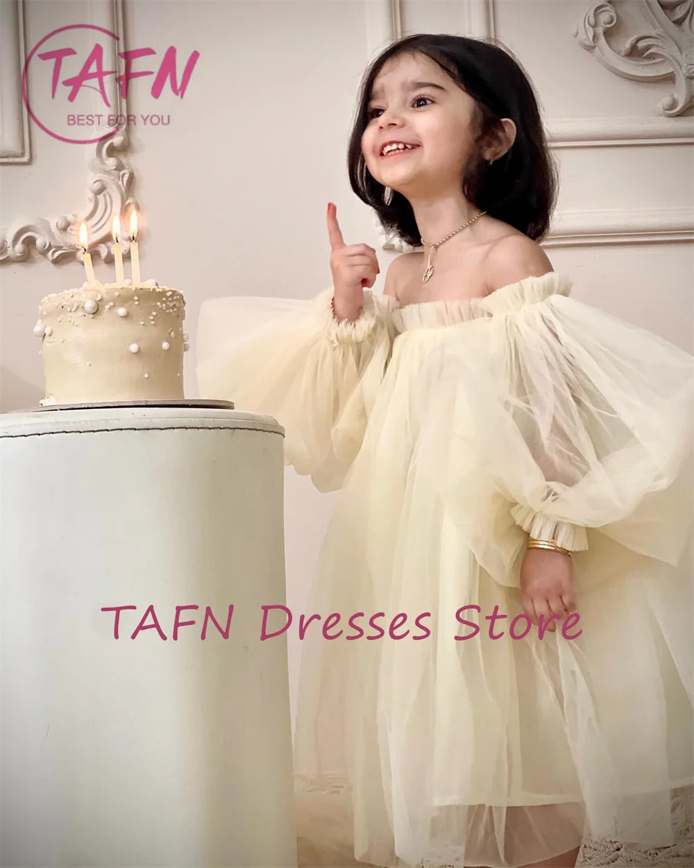 TAFN Light Yellow Princess Flower Girl Dresses Puffy A-line Children Party Gown Customized Mid Calf Length Straight Neck Tulle