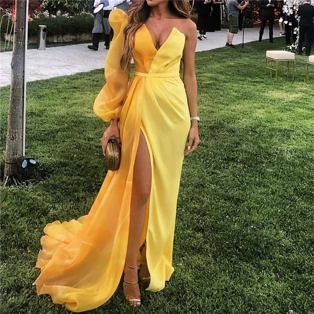 

Lily One Shoulder Prom Dress Tulle Mermaid Sexy Celebrity Dress Women's Evening Dress Yellow Formal Gown with Side Split 프롬 드레스