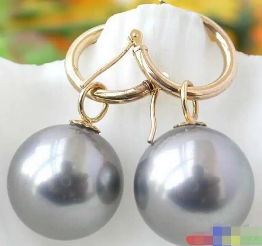 

16MM ROUND GRAY SOUTH SEA SHELL PEARL DANGLE EARRING