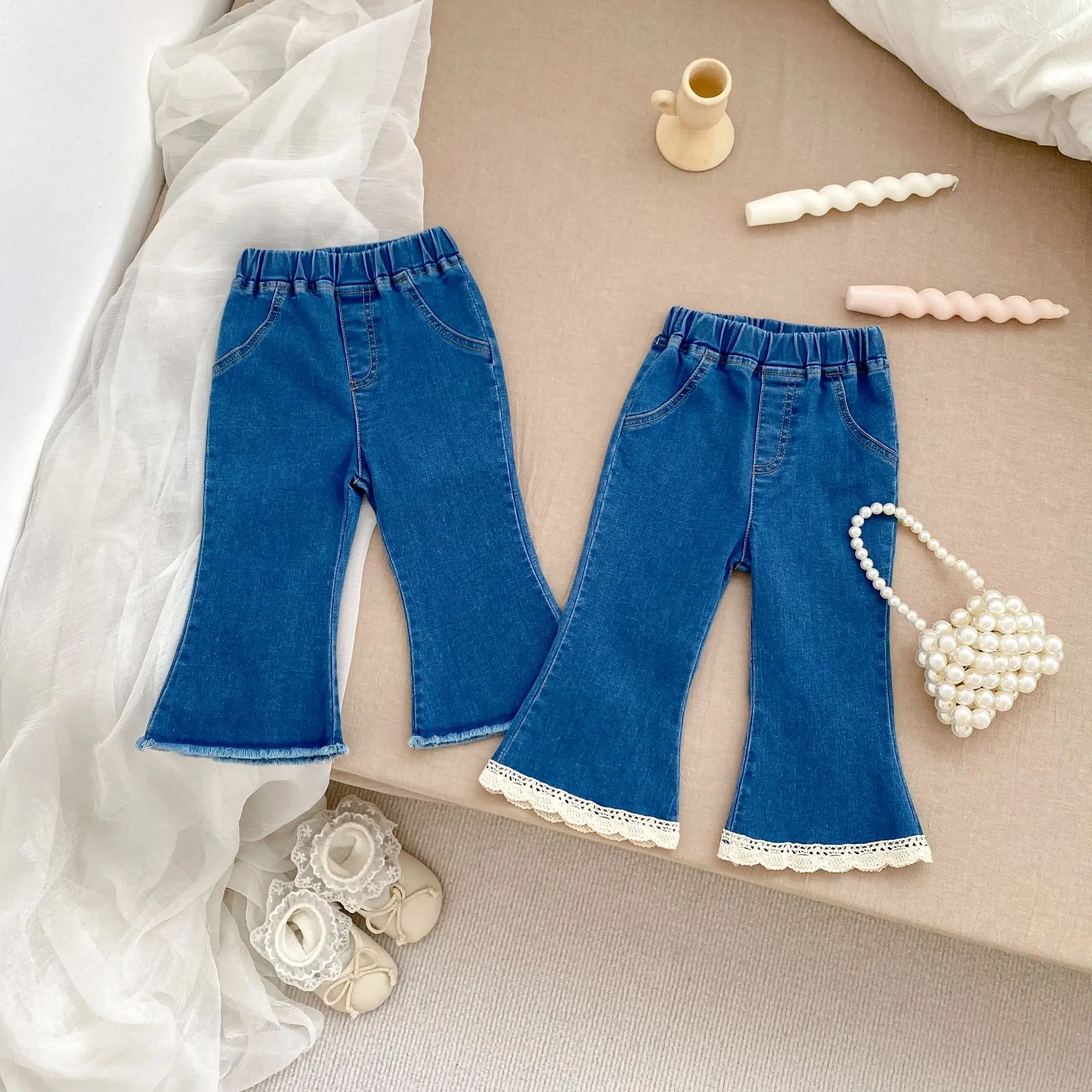 Baby Girls' Slim-Fit Flare Denim Pants, todo o jogo, Elegante, Casual, Outono, Crianças, Roupa de bebé, 2021