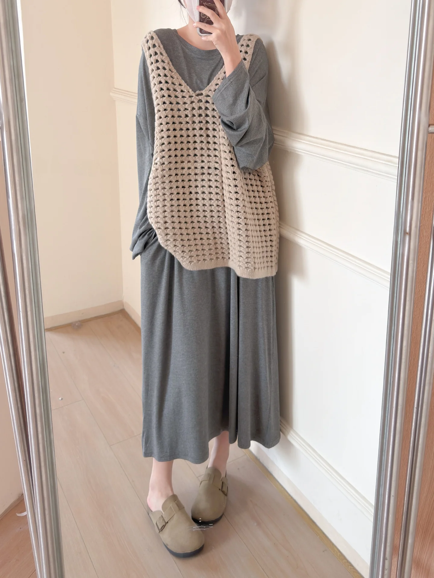 

Ladies' Knitted Hollow out Long Sve Dr Two-Piece Set Spring Autumn Loose Feel Faionable Ensemble Hollow out Vest Dr