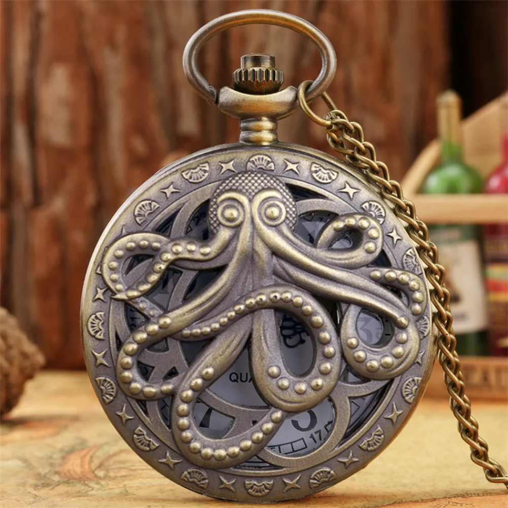 Vintage Black and Bronze Octopus Pattern Quartz Pocket Watch With Necklace Chain Gift for Male Kids Chronograph Hombre Relojes