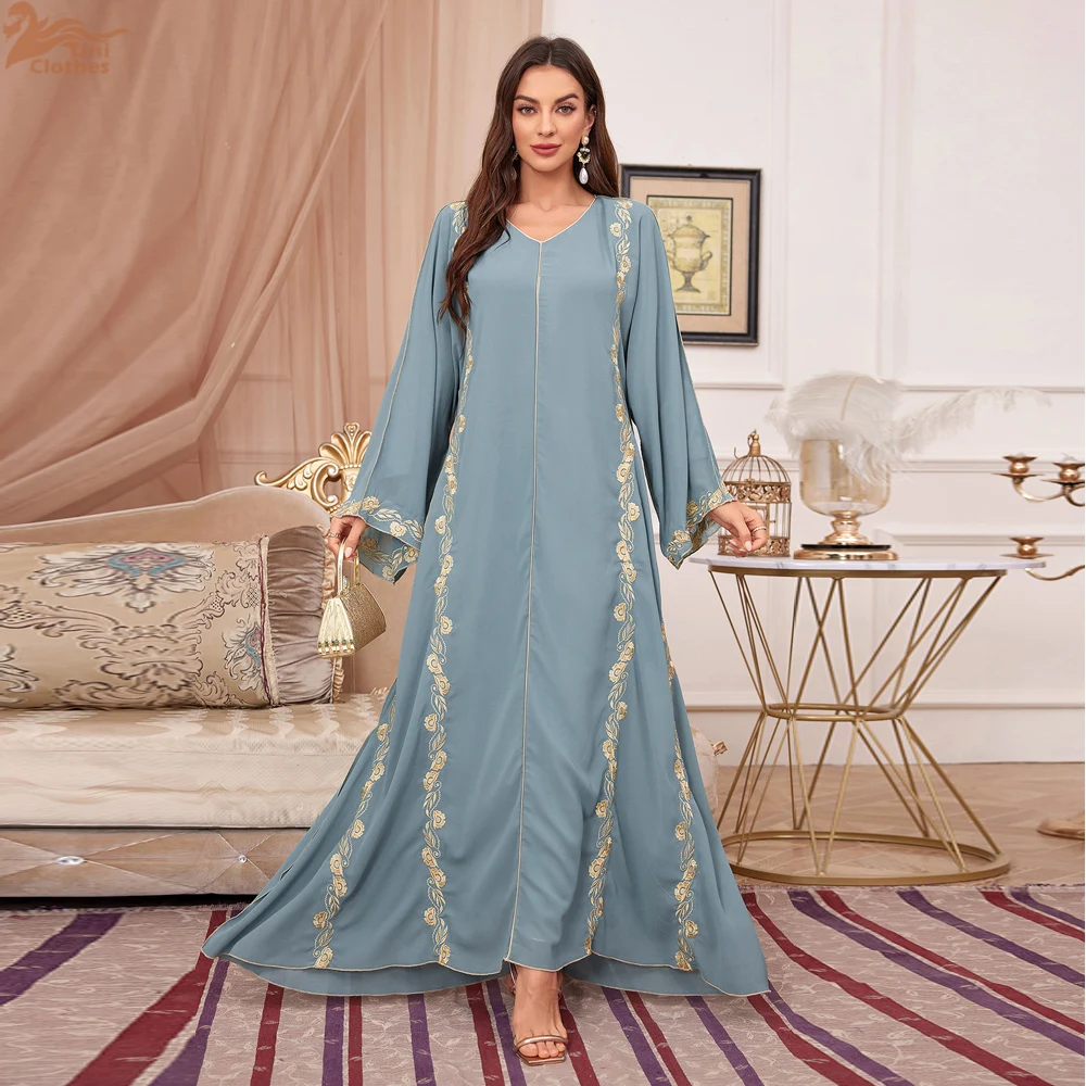 

2025 Ramadan Muslim Women's Embroidered Abaya Dress Dubai Middle Eastern Evening Gown Elegant Loose Kaftan Gala Party Wear
