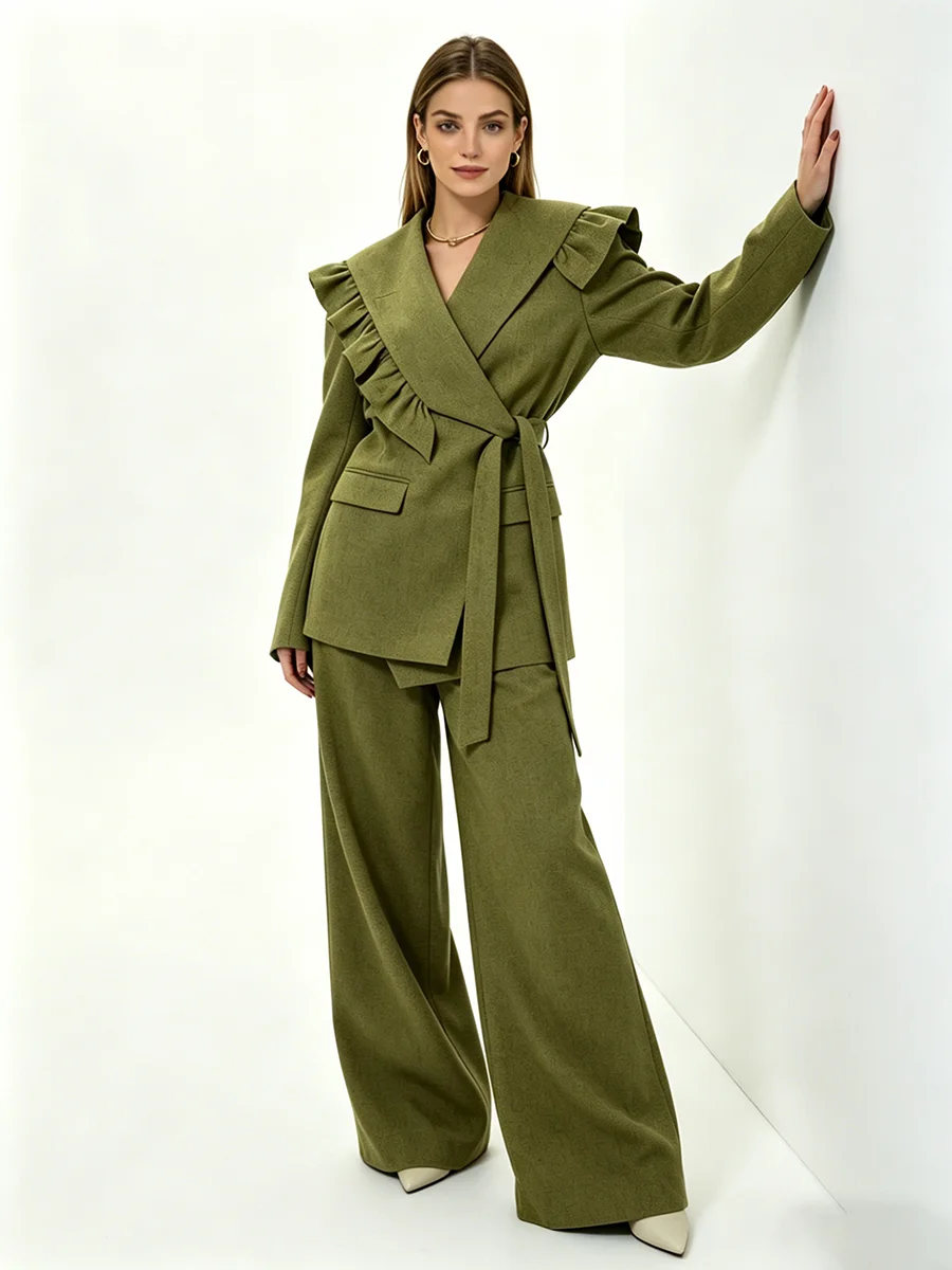 

Женский модный костюм BJTZ: оливково-зеленый жакет с рюшами, широкие брюки, комплект из двух предметов с поясом, весна-осень