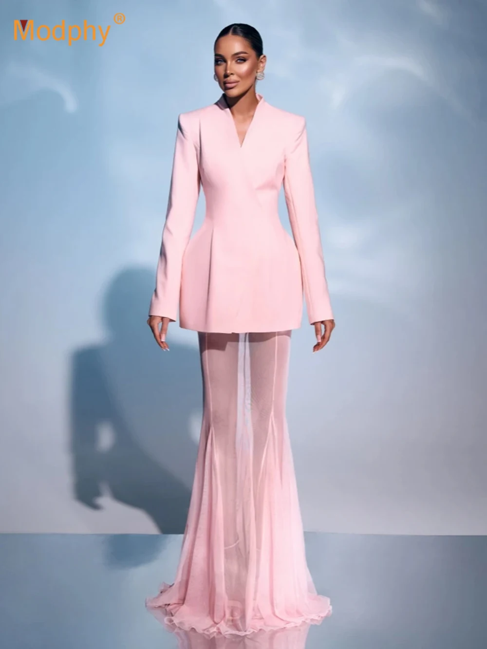 

Women Skirts Two Piece Set Sexy Pink V Neck Long Sleeves Blazer + See Through Mesh Patchwork Skirts Suits Party Lady Outfit