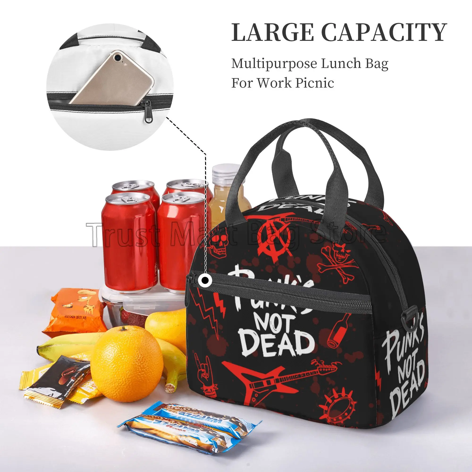 Punk Rock Set Skull Insulated Lunch Bag Punks Not Dead Words Red Black Reusable Waterproof Thermal Lunch Box with Shoulder Strap