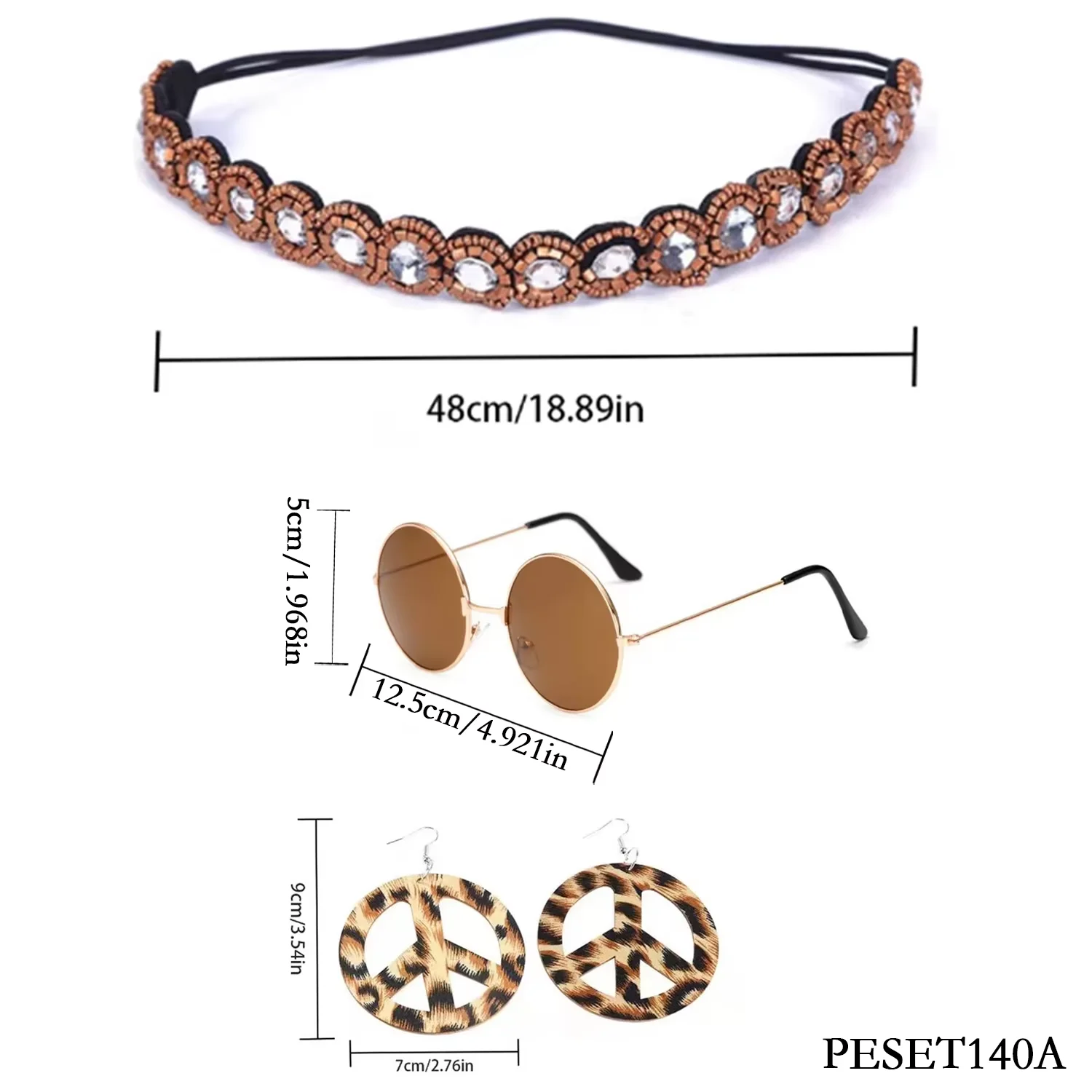 PESENAR jaren 1960 retro 3-delige set: bloem choker, vredesteken sieraden en ronde roze zonnebril voor themafeesten uit de jaren 60