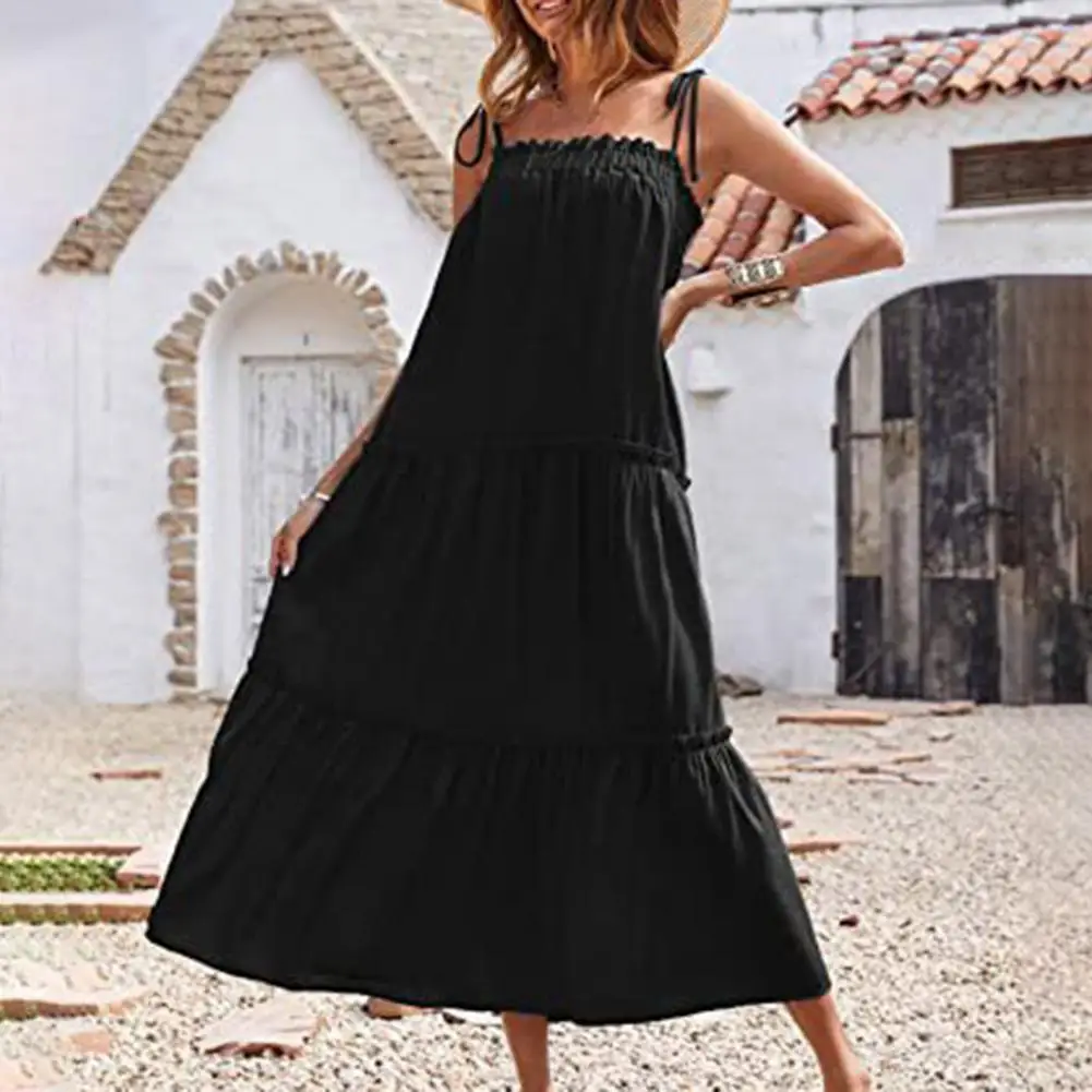 Women Dress Solid Color Pleated Summer Elegant Spaghetti Strap Maxi Dress for Beach