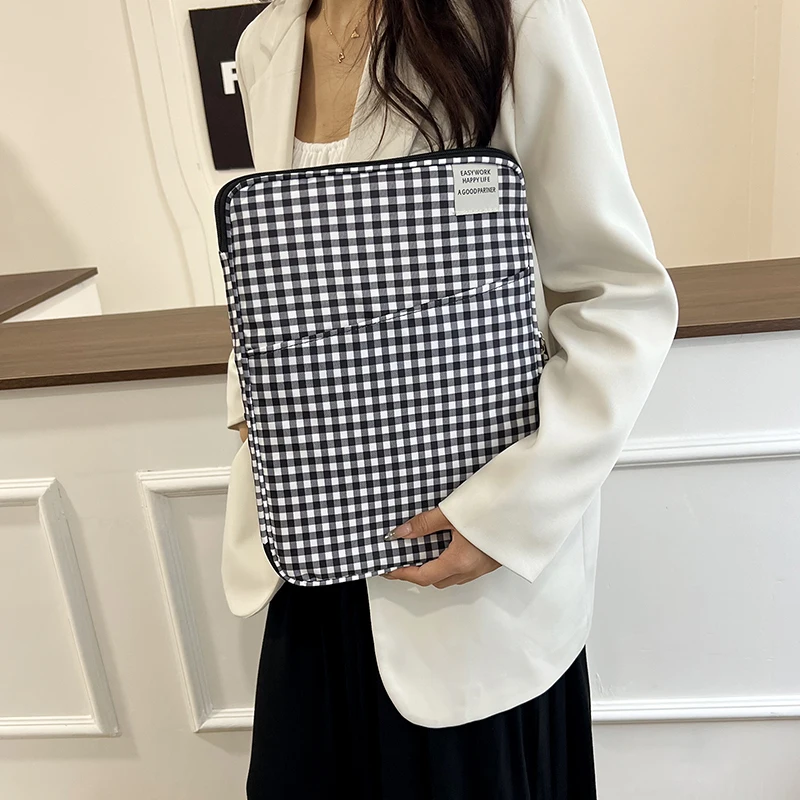 Nylon Plaid Tablet Laptop Sleeve 14 Inch Portable Computer Inner Bag Notebook Case Multi Pocket Organizer for Business Travel