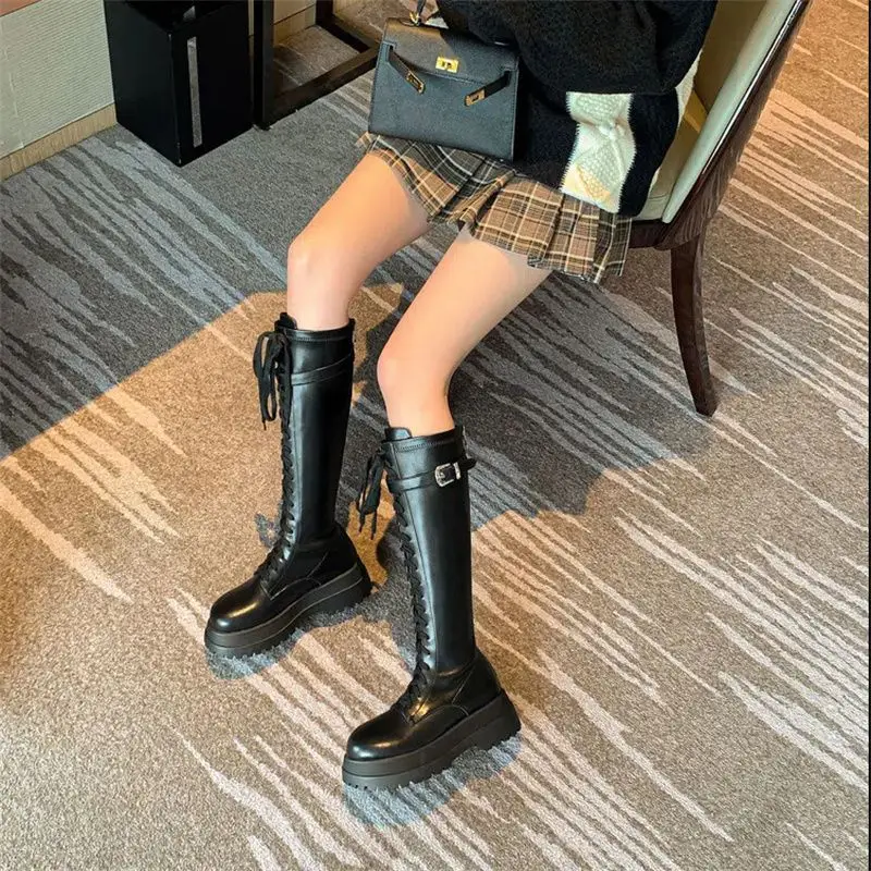 

Women's Knee High Boots High Quality Leather Boots Outdoor Platform Boot Elastic Long Boots for Women Knight Booties Botas Mujer