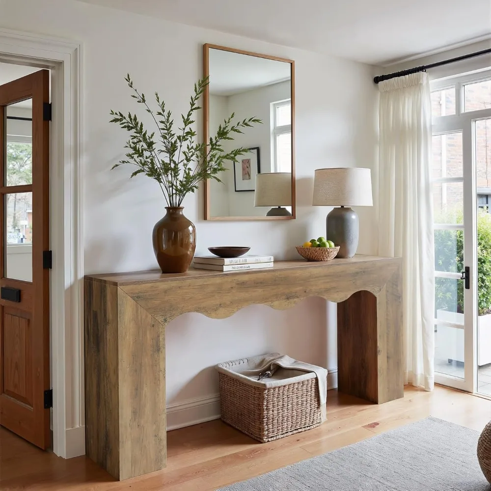 طاولة كونسول مقاس 63 بوصة على طراز المزرعة مع مساحة تخزين، وطاولة أريكة خشبية لخلف الأريكة، ومحطة أريكة مدخل ضيقة طويلة