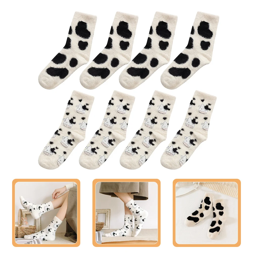 

4Pairs Cute Cow Print Socks Thickened Warm Mid-Calf Soft Cotton Cozy Socks for Women Indoor Lounging Fall Winter Wear