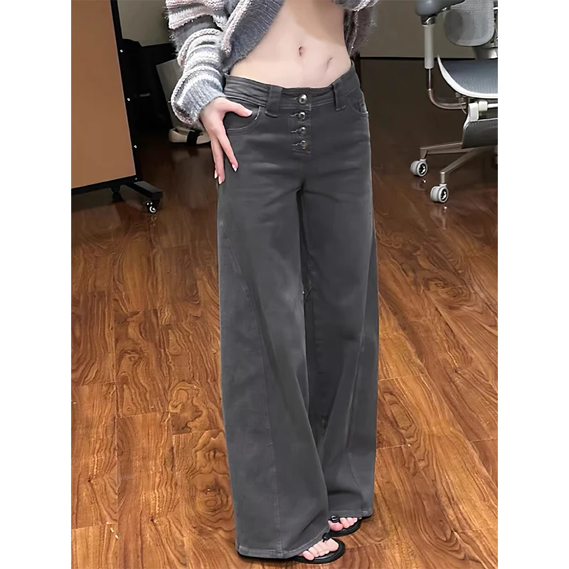 Vrouwen Vintage Button Design Jeans Amerikaanse Retro Streetwear Denim Broek Y2K Casual Losse Harajuku 2000s Wude Leg Broek
