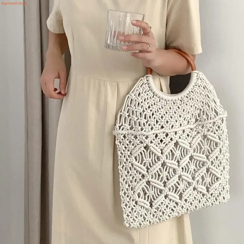 

Q5WE Women Handwoven Vacation Bag Cotton Rope Travel Bag Fashion Beach Bag Large Capacity Handbag Daily Bag for Travel