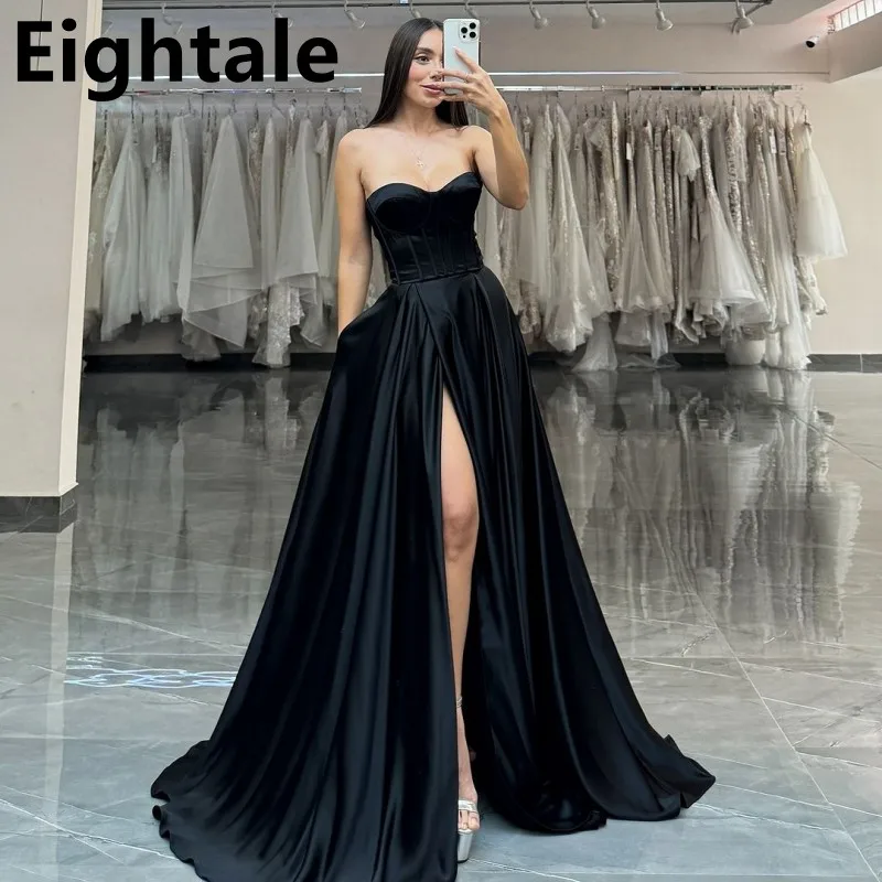 

Eightale 2025 Black A Line Evening Dress Corset High Slit Satin Pocket Prom Dress Dubai Formal Party Gown Customized