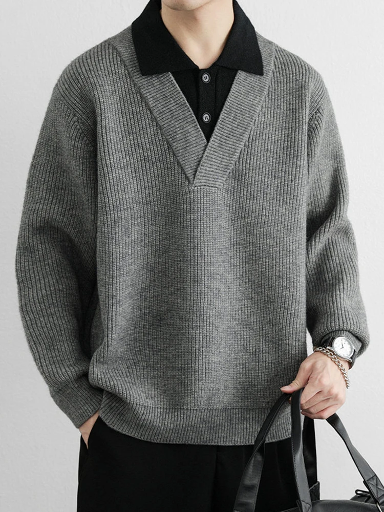 موضة المرقعة مزدوجة الطبقات بولو البلوزات الرجال Vintage زرر التلبيب متماسكة قميص بولو رجالي خريف شتاء عادية محبوك Polos #2