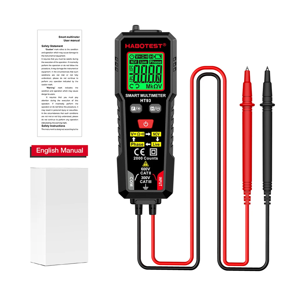 Digital Multimeter 2000 Counts Ohmmeter Auto-Ranging Accurately Measures AC/DC Voltage Resistance Tester with NCV Live Wire Test