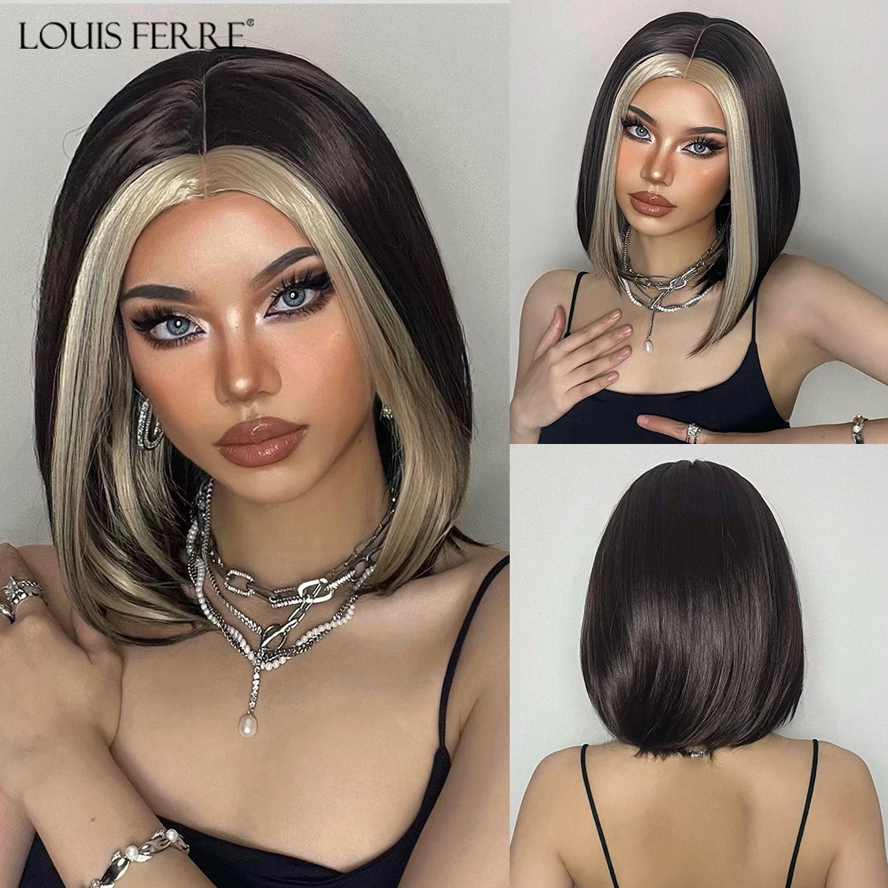 

Highlight Brown Blonde Straight Synthetic Wigs Natural Middle Part Fake Hair Wigs For Women Cosplay Daily Heat Resistant Fiber