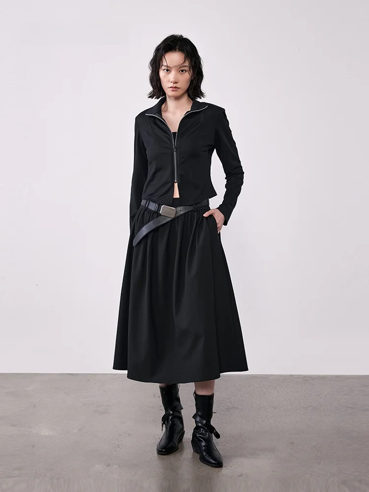 

High Waist Casual Simple Belted Skirt XMOOM2025 Autumn New Style Polyester Fiber A-Line Skirt for Women's Daily Wear