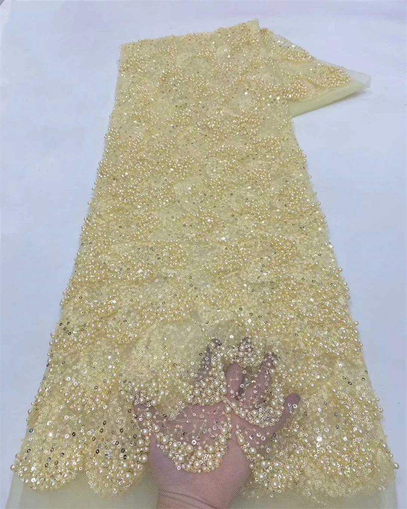 

Wholesale African Beaded Lace Fabric French Bridal Sequins Lace FabricLuxury Nigerian Tulle Lace Fabric Couture Materiel