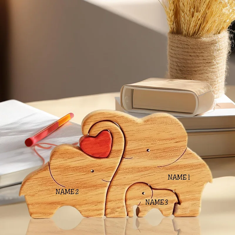 

DIY Elephant Family Wooden Puzzle Free Engraving Personalized Name Mother's Day Birthday Gift Home Decoration Desktop Decor