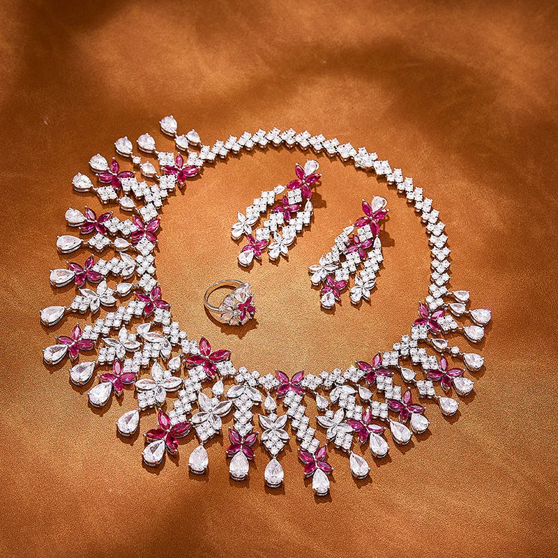3‑Pcs Jewelry Set Necklace Earrings Ring Multi‑Color CZ Floral Teardrop Bridal Party Statement Jewellery For Women