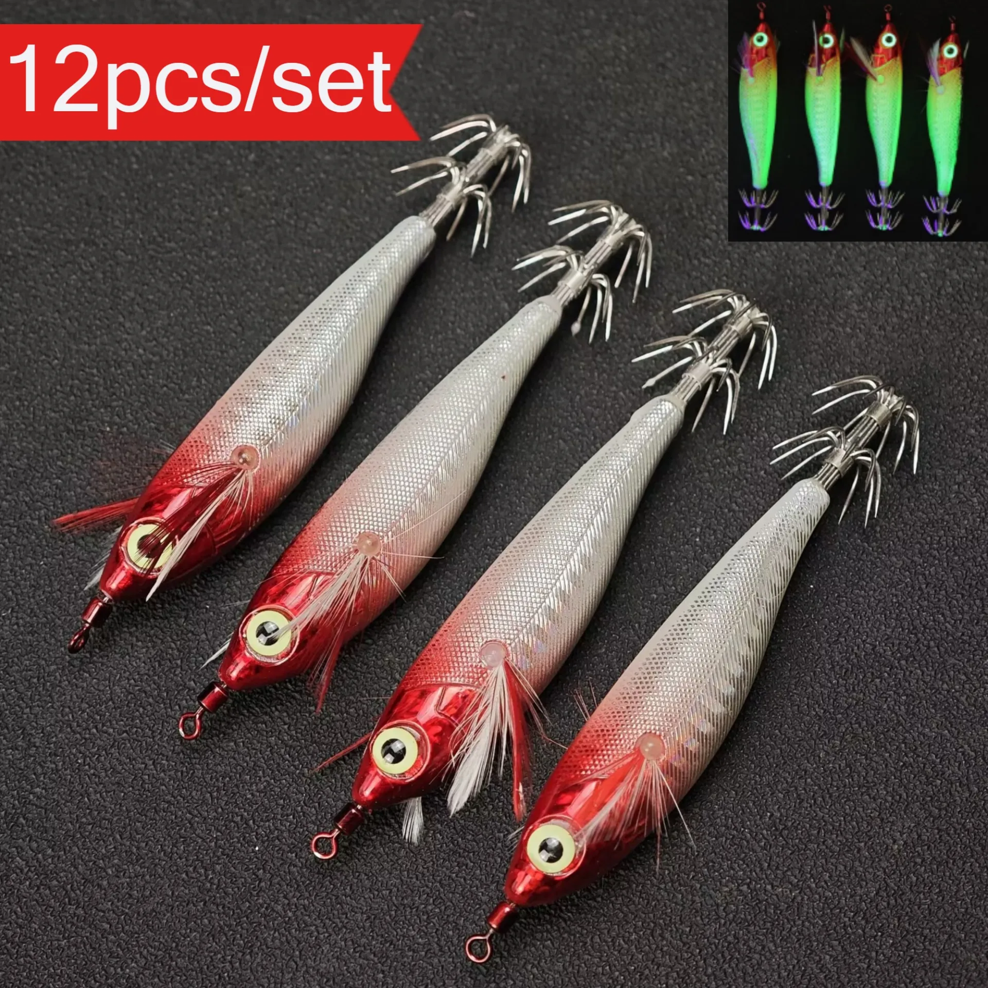 12 Stück/Set 10cm/9g Leuchtende Garnelen-Angelköder Tintenfisch-Jig-Haken Garnelen-Köder