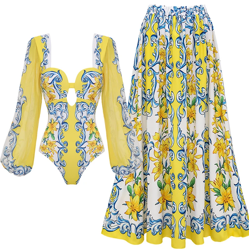 

2025 New Women Sexy Long Sleeved Printed Sicily Push Up Women Bikini Set Swimwear Slimming Bathing Suit Beach Wear