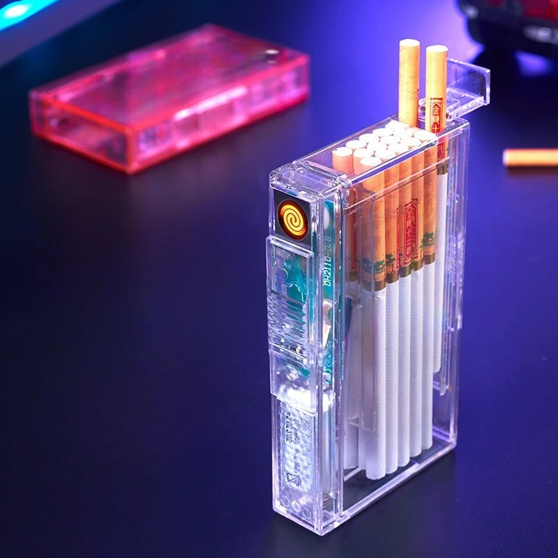 

Прозрачный перезаряжаемый тонкий портсигар-зажигалка, цельный автоматический портсигар на 20 сигарет, мини-футляр для мужчин