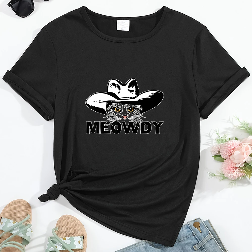 Dames T-Shirt Meowdy Kat Patroon Print Ronde Hals Casual Streetwear Comfortabele Ademende Hot Verkoop Dames Kleding Top T-Shirts