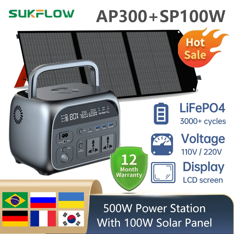 

300W LiFePO4 battery generador solar portatil and 100W paneles solares Family camping travel exigency electricity